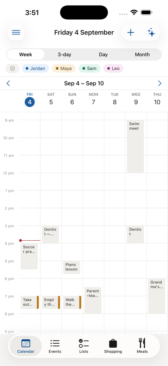 FamPlan calendar, week view across seven days