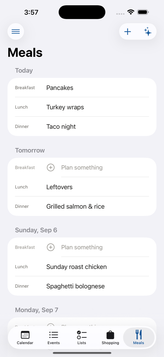 FamPlan Meals tab: breakfast, lunch and dinner planned for each day