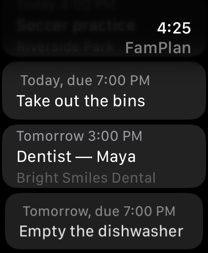 FamPlan on Apple Watch showing what is coming up